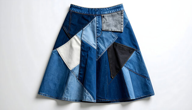 Midi skirt made of denim leather and cotton patchwork flat layed on white studio floor with visible top stitching details generative AI