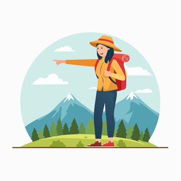 Woman hiker pointing direction in mountain landscape