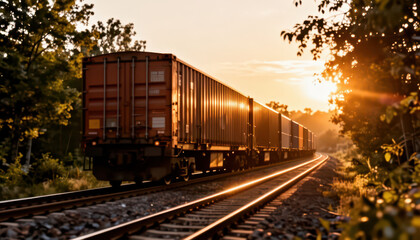 Fototapeta premium A freight train carries cargo along the railway tracks as the sun sets, casting a warm glow. The train's containers line up, creating a striking view against the evening sky.