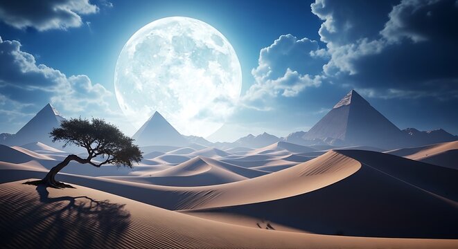 Majestic desert landscape with pyramids under a full moon
