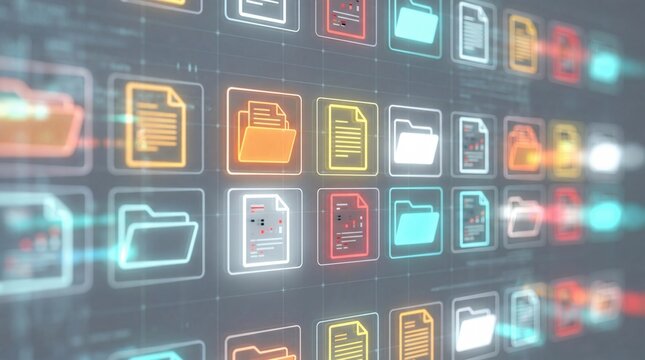 Digital data management with glowing folder icons and file document icons in technology style.