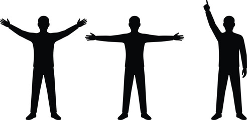Human gesture silhouette flat vector illustration featuring three expressive standing poses, communication body language design art, black-and-white drawing © MSTRAMANA