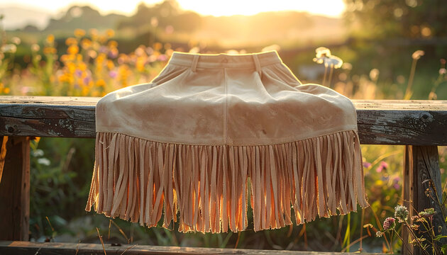 Suede mini skirt with long fringe hem draped over a rustic wooden bench featuring soft texture and evening outdoor light generative AI