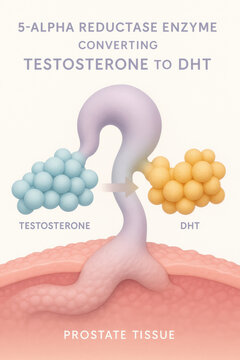 Medical illustration concept showing enzyme conversion of hormone. An educational diagram detailing biochemistry of testosterone transformation within human prostate tissue