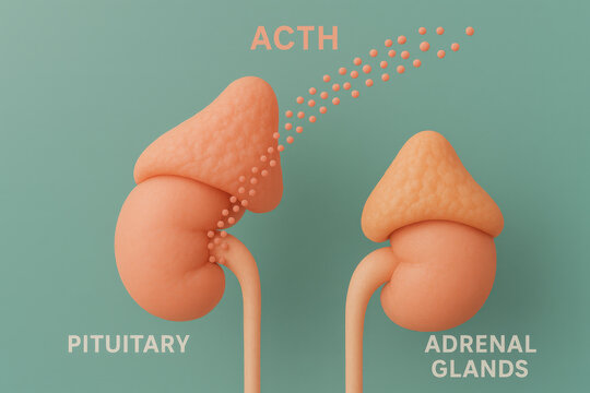 Pastel illustration of stress axis pathway, vital endocrine system function. pituitary gland releases ACTH hormone, stimulating adrenal gland for cortisol production