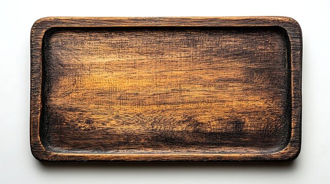 Rustic Wooden Tray for Display: An empty, rectangular wooden tray with a weathered, dark finish, perfect for showcasing food, ingredients, or decorative items.