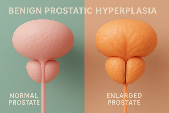 Benign prostatic hyperplasia medical urology comparison showing an enlarged prostate and normal gland. Informative illustration on male health condition