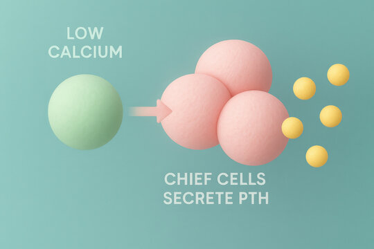 Cellular diagram of chief cell endocrine mechanism secreting PTH. This pastel illustration shows response to low calcium with pink cells releasing yellow hormone vesicles
