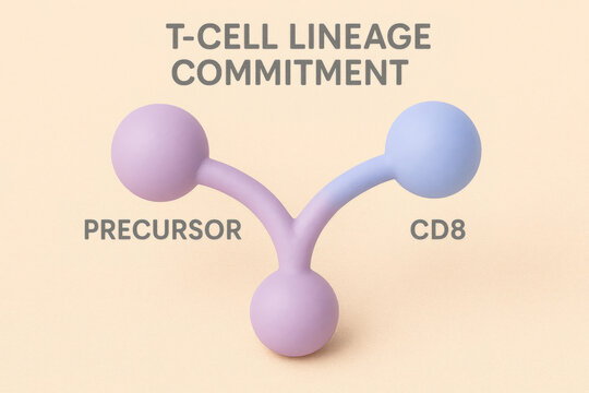 T cell lineage commitment visualization, clear diagram. branching pathway showing precursor cell differentiation to CD8 cell, key immune system decision