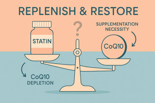 Balance scale illustrating Coenzyme Q depletion from statin medication, questioning supplementation necessity. medical education visual showing how to replenish and restore health