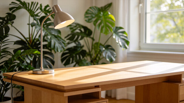 Modern Wooden Desk with Desk Lamp and Indoor Plants