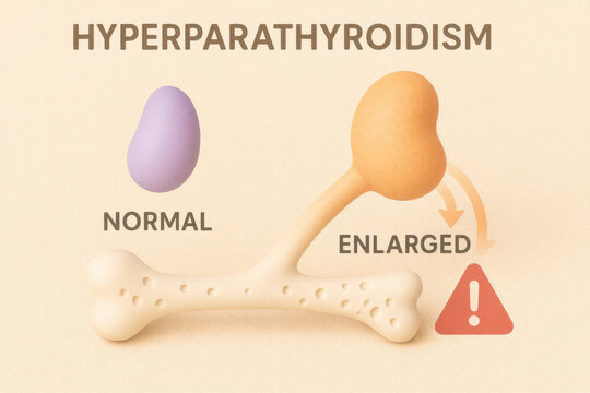 Hyperparathyroidism disease comparison illustration. Normal versus enlarged gland showing pathological effects on bone health, depleting calcium with concerning health warning