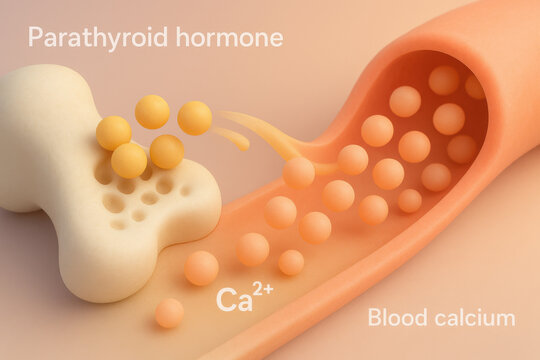 Parathyroid hormone raising blood calcium levels, medical illustration. soft visualization shows mineral mobilized from skeletal bone for hormone and mineral homeostasis