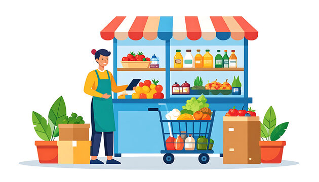 Friendly shopkeeper stands at a colorful market stall stocked with fresh produce and bottled goods, holding a tablet