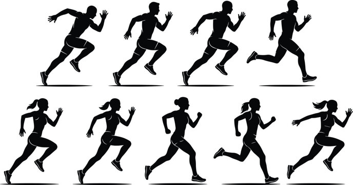 Running athlete silhouette flat vector illustration featuring male and female sprint stride stages design art, sports graphic, black-and-white drawing