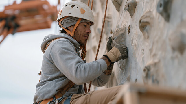 Vertical climbing wall rigger installing anchor bolts on outdoor training tower, industrial setting, aerial work platform, rope access technician, infrastructure installation,