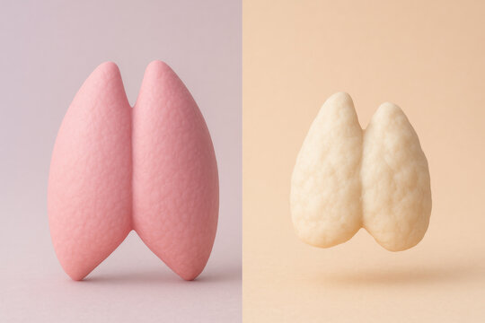 Thymus gland involution aging process comparison visual. plump pink child thymus versus smaller cream elderly one, showing age related immune decline and fatty replacement