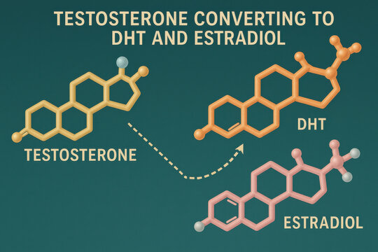 Testosterone converting to DHT and estradiol molecular transformation. Hormone metabolism concept shows golden testosterone branching to potent orange DHT and soft pink estradiol