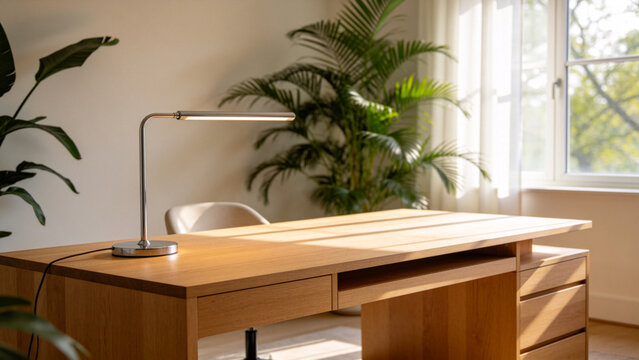 Aesthetic sunny work office with a modern walnut desk equipped with a work lamp and greenery