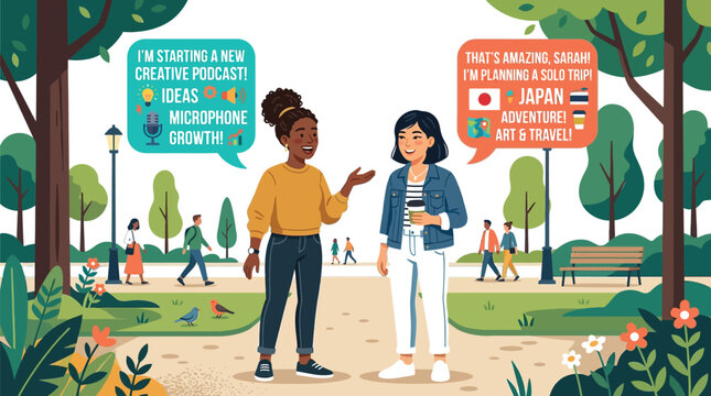 Two diverse young women stand in a public park having a friendly conversation about their exciting new podcast project and upcoming solo travel adventures to beautiful japan during the spring season.