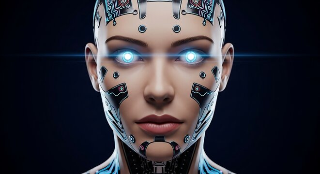 Android face features intricate circuit board patterns and glowing blue eyes that represent the intersection of advanced artificial intelligence and human-like robotic design for future technology.
