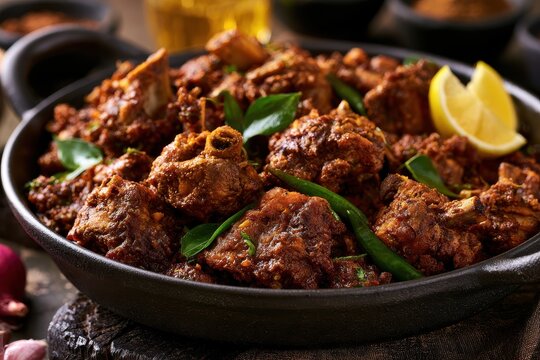 Spicy mutton chukka with aromatic curry leaves and lemon in a rustic iron skillet for authentic indian culinary branding