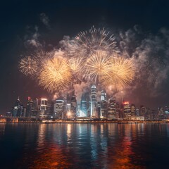 Fototapeta premium Stunning cityscape view showcasing illuminated skyscrapers reflecting upon dark water surface while colorful explosive fireworks illuminate night sky during grand festive celebration.