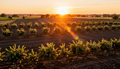 Obraz premium rows of trees in a field at sunset, with sunlight casting a golden hue over the landscape. The trees are evenly spaced in the fertile field, creating a tranquil atmosphere.