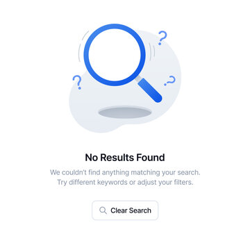 Magnifying glass with question marks over a hole, representing a "no results found" search error state for web and mobile app interfaces. Vector illustration.