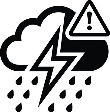 Thunderstorm weather warning silhouette flat vector illustration featuring storm cloud, rain, lightning, caution sign design art, hazard alert graphic