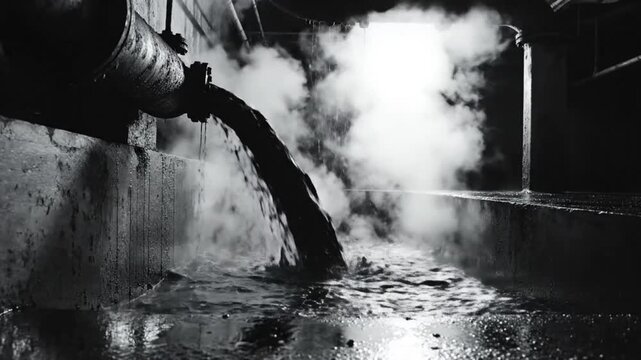 Industrial wastewater pouring from a pipe with steam rising in monochrome setting creating pollution.
