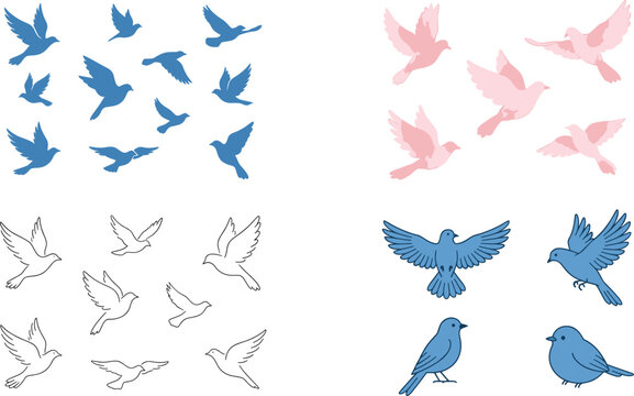 Collection of stylized bird illustrations in flight and perched positions with varied artistic styles and color schemes