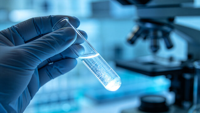 Scientist Holding Test Tube with Glowing Liquid in Lab