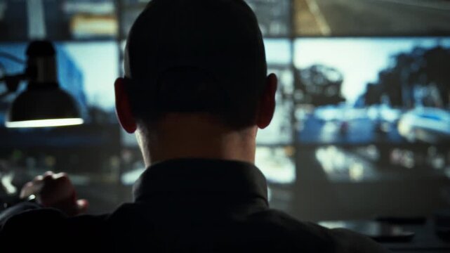 An operator in special clothing monitors live CCTV streams on a wall of glowing monitors in the control room, carefully comparing each image as the security system tracks activity in real time