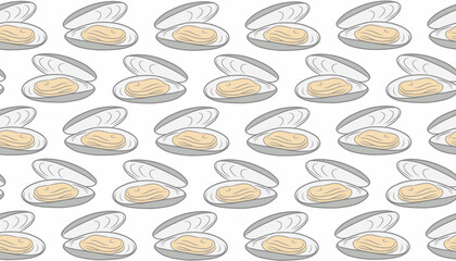 Mussel Seamless Pattern. Seafood Shell Repeat Background. Minimal Hand Drawn Vector Style. © Zayyan 