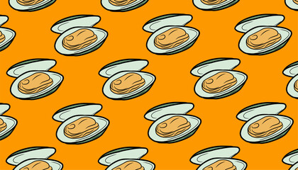 Mussel Seamless Pattern. Seafood Shell Repeat Background. Minimal Hand Drawn Vector Style. © Zayyan 