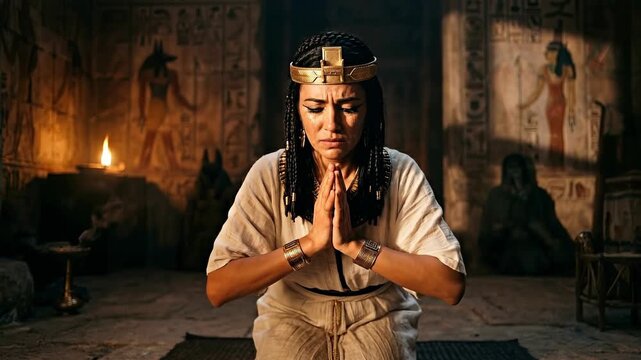 Ancient Egyptian goddess Isis in a mystical candlelit temple performing a sacred ritual of magic and love to gather the scattered parts of Osiris for his resurrection and eternal redemption