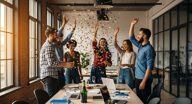Colleagues celebrate a successful business milestone by throwing confetti in a modern office space while maintaining a collaborative and joyful atmosphere during their productive afternoon meeting.