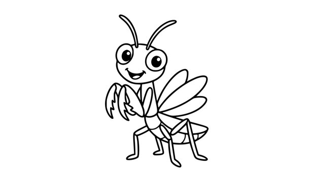 Cute praying mantis cartoon coloring book hand drawn vector illustration