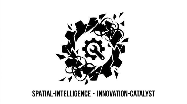 Abstract vector icon symbolizing innovation, intelligent engineering, and problem-solving. Features a deconstructed gear with a wrench and cog, representing progress and modern solutions
