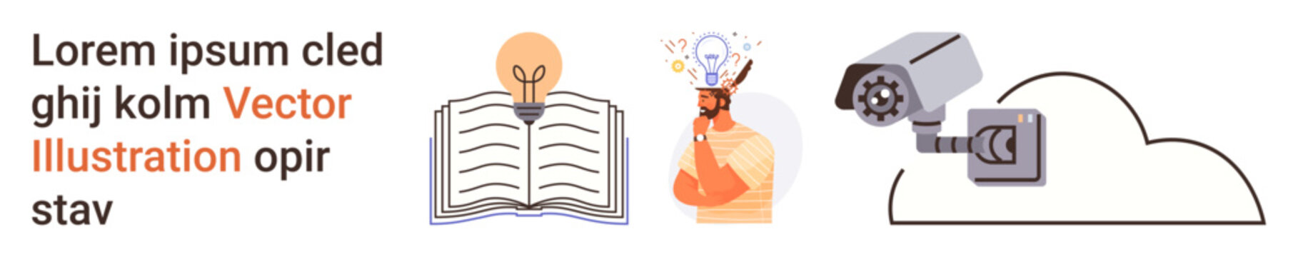 Education, innovation, data security, surveillance, cloud technology, creative thinking. Open book, light bulb person with ideas surveillance camera connecting to a cloud. Education and innovation