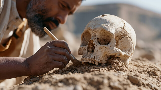 Human evolution fossil discovery in arid Ethiopian highland excavation site, paleoanthropologist brushing sediment from ancient skull fragment, archaeological dig, field science,
