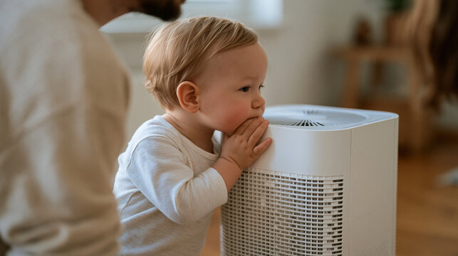 Toddler pressing face against air purifier filter housing, parent gently redirecting child away, nursery allergy prevention household scene, infant respiratory health, summer dust