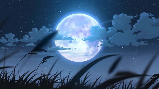 relaxing full moon night starry sky with swaying tall grass loop in anime style