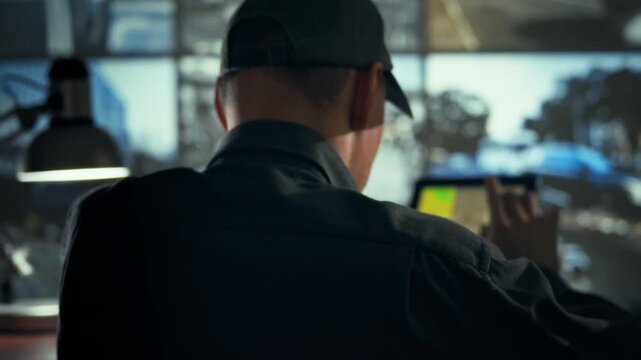 In a dark control room, a surveillance system operator manipulates a touchscreen device, overseeing multiple control screens that display live feeds, maintaining constant security vigilance