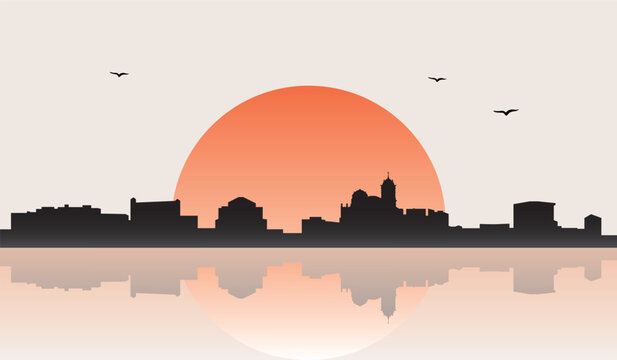Minimalist contemporary Japanese-style drawing of a half sun skyline with water reflection poster panorama of AREQUIPA, PERU