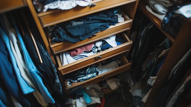 Messy wooden closet with cluttered drawers full of clothing