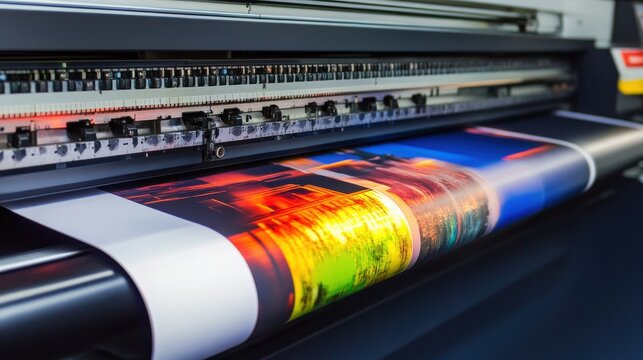 Industrial wide format printer printing colorful sunset photography