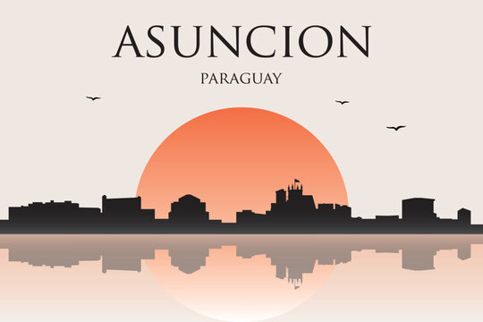 Minimalist contemporary Japanese-style drawing of a half sun skyline with water reflection poster panorama of ASUNCION, PARAGUAY
