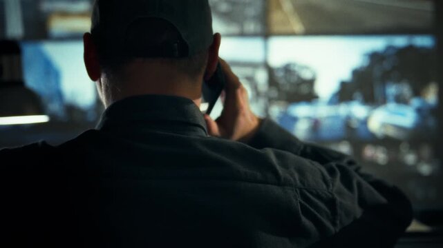 In a monitoring service control room, an employee speaks on the phone while scanning multiple video surveillance screens, balancing the call and real-time observation to maintain security